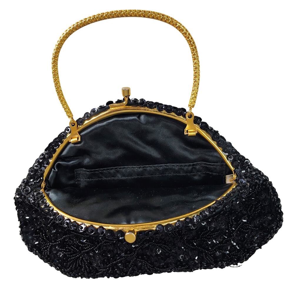 1960s Black Beaded Evening Bag Kiss Closure Handbag Gold Metal Top Handle Purse